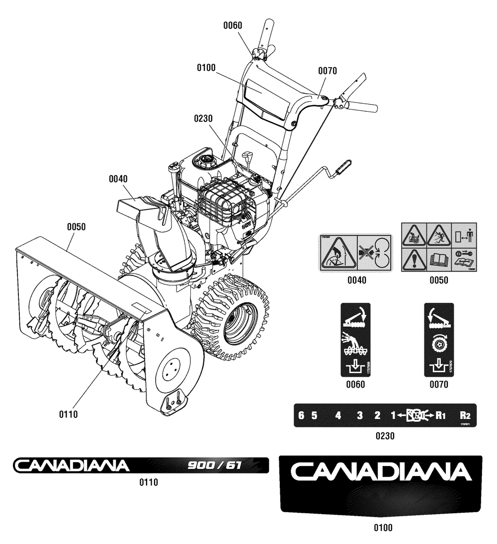 Decals Group Diagram and Parts List for 1696052-CH61900 2011 Briggs and Stratton Snow Blower